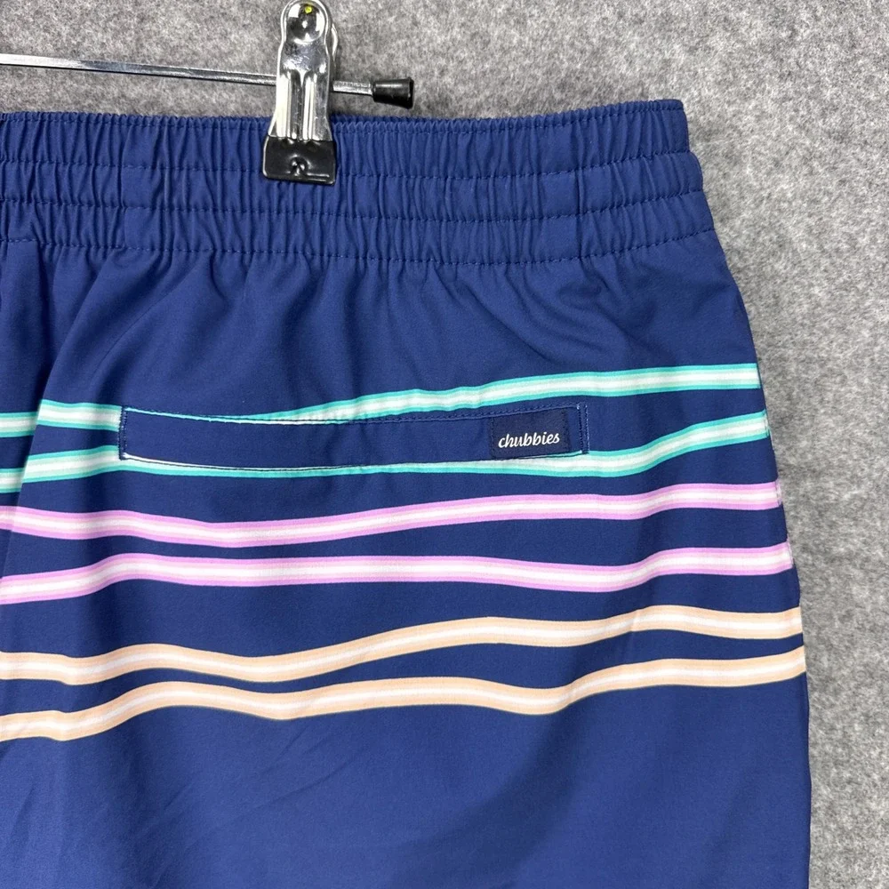 Chubbies Swim Trunks XXL Navy Blue Multi Color Stripe 5.5 Inseam Stretch Retro